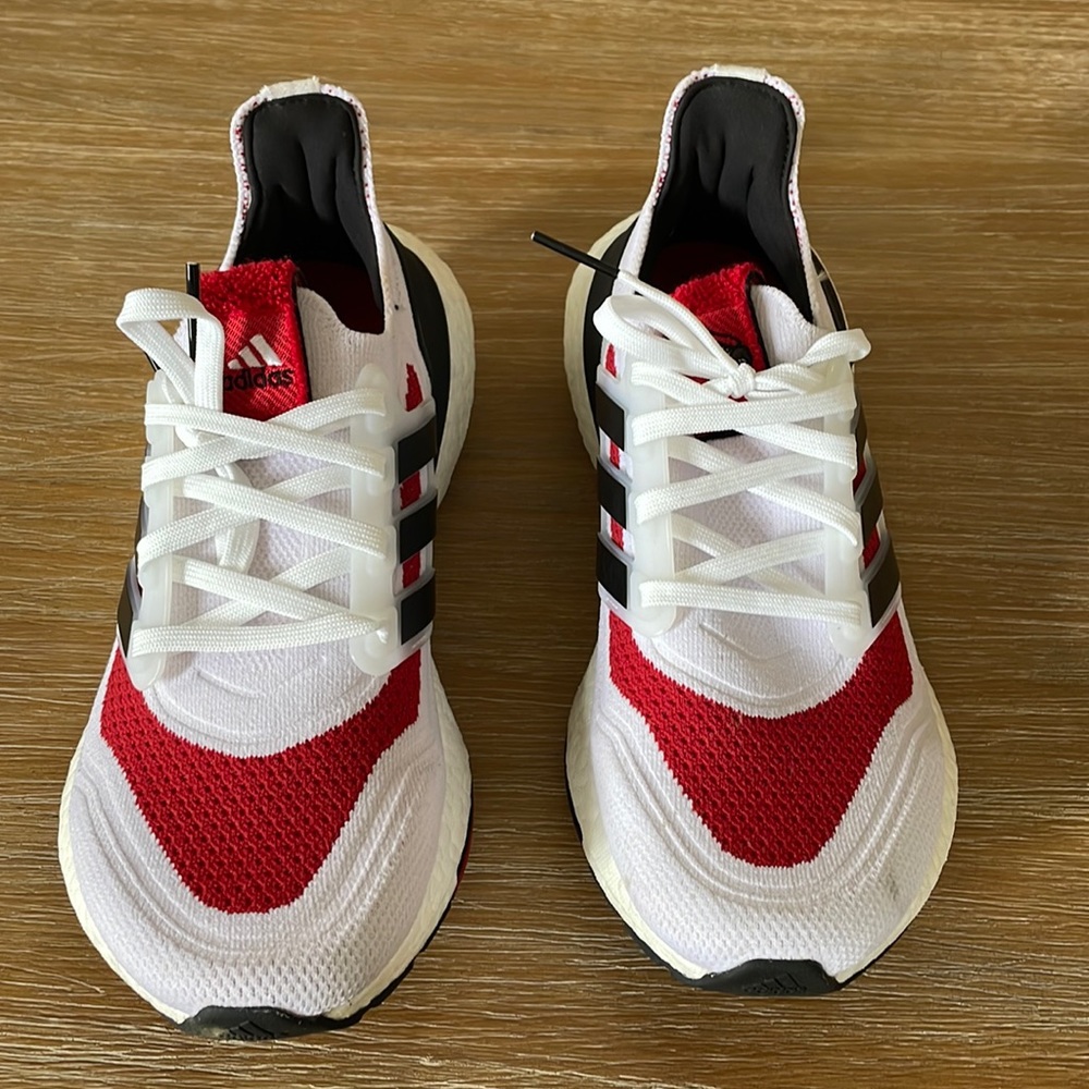 Addis ultra boost red, white, black size 6 men’s.  Fits women’s 7.
